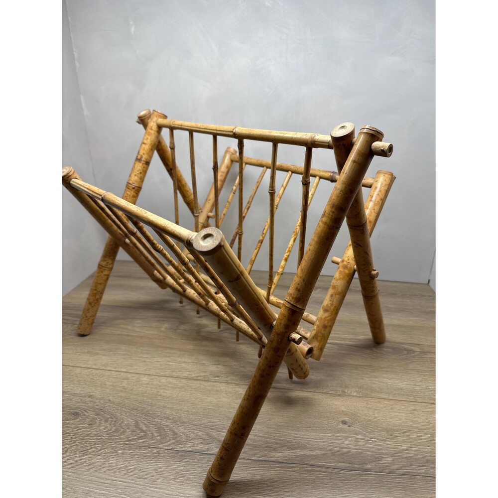 VTG MCM Chinoiserie Folding Bamboo Magazine Rack 19.5x17x16 Inch